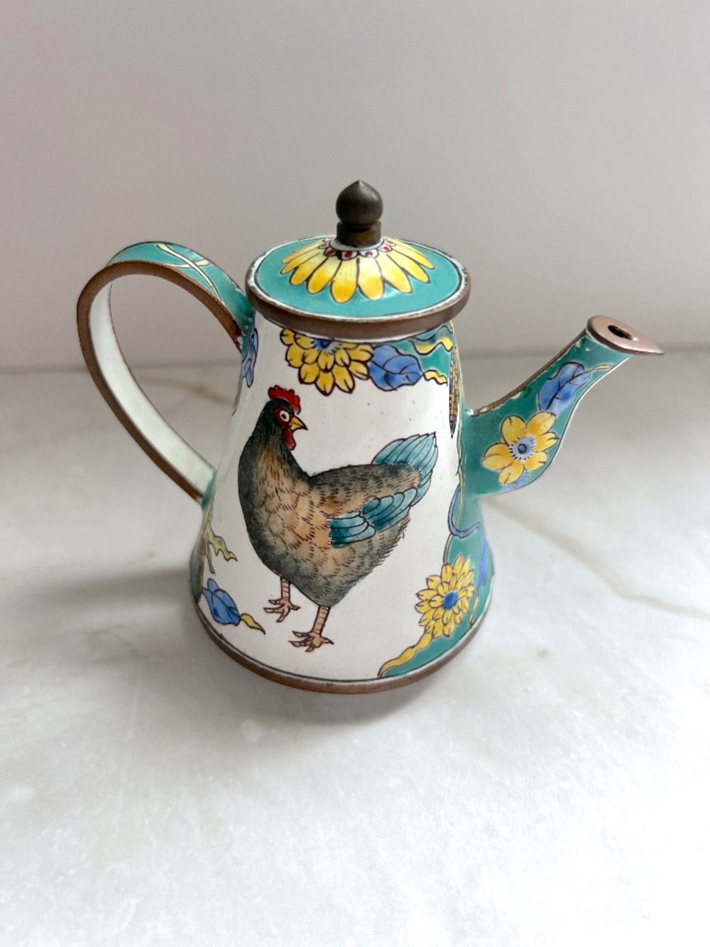 🐔 Kelvin Chen Miniature Enamel on Copper Teapot — Hen with Sunflowers